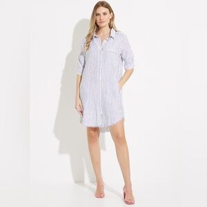 MELISSA NEPTON Blue and White Striped 100% Linen button down shirt Dress